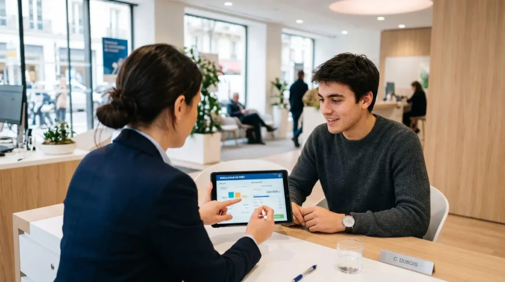 Un jeune homme assis face à une conseillère bancaire (vue de dos), tous deux regardant ensemble un écran de tablette affichant un simulateur de crédit, dans une agence moderne lumineuse Un jeune homme assis face à une conseillère bancaire (vue de dos), tous deux regardant ensemble un écran de tablette affichant un simulateur de crédit, dans une agence moderne lumineuse
