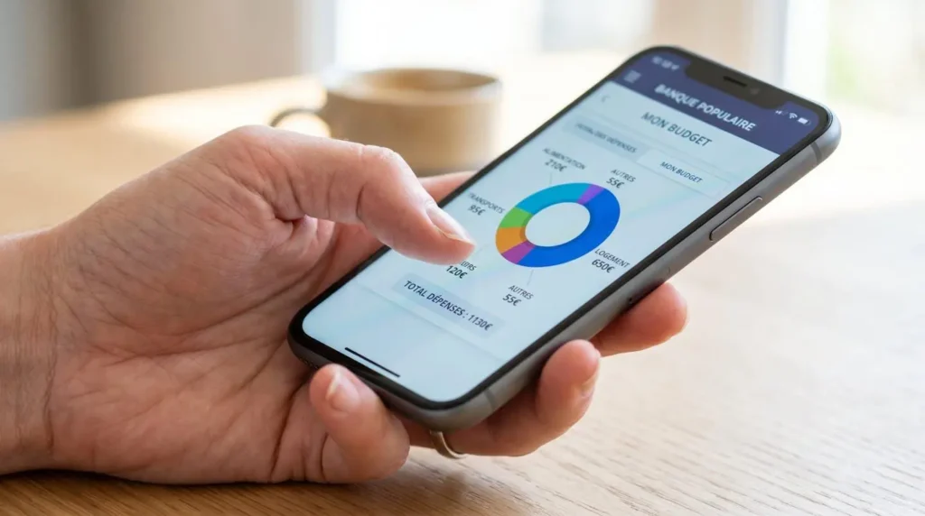 Gros plan sur un smartphone tenu à la main affichant l'interface de l'application Société Générale avec un tableau de bord budgétaire montrant des catégories de dépenses visualisées en graphique circulaire coloré Gros plan sur un smartphone tenu à la main affichant l'interface de l'application Société Générale avec un tableau de bord budgétaire montrant des catégories de dépenses visualisées en graphique circulaire coloré