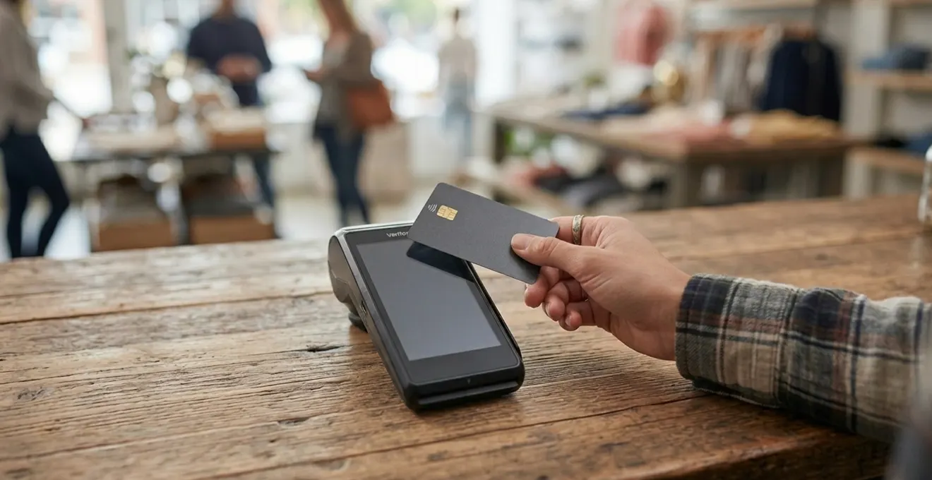 Une main utilise une carte de crédit pour effectuer un paiement sur un terminal de paiement dans un environnement commercial.
