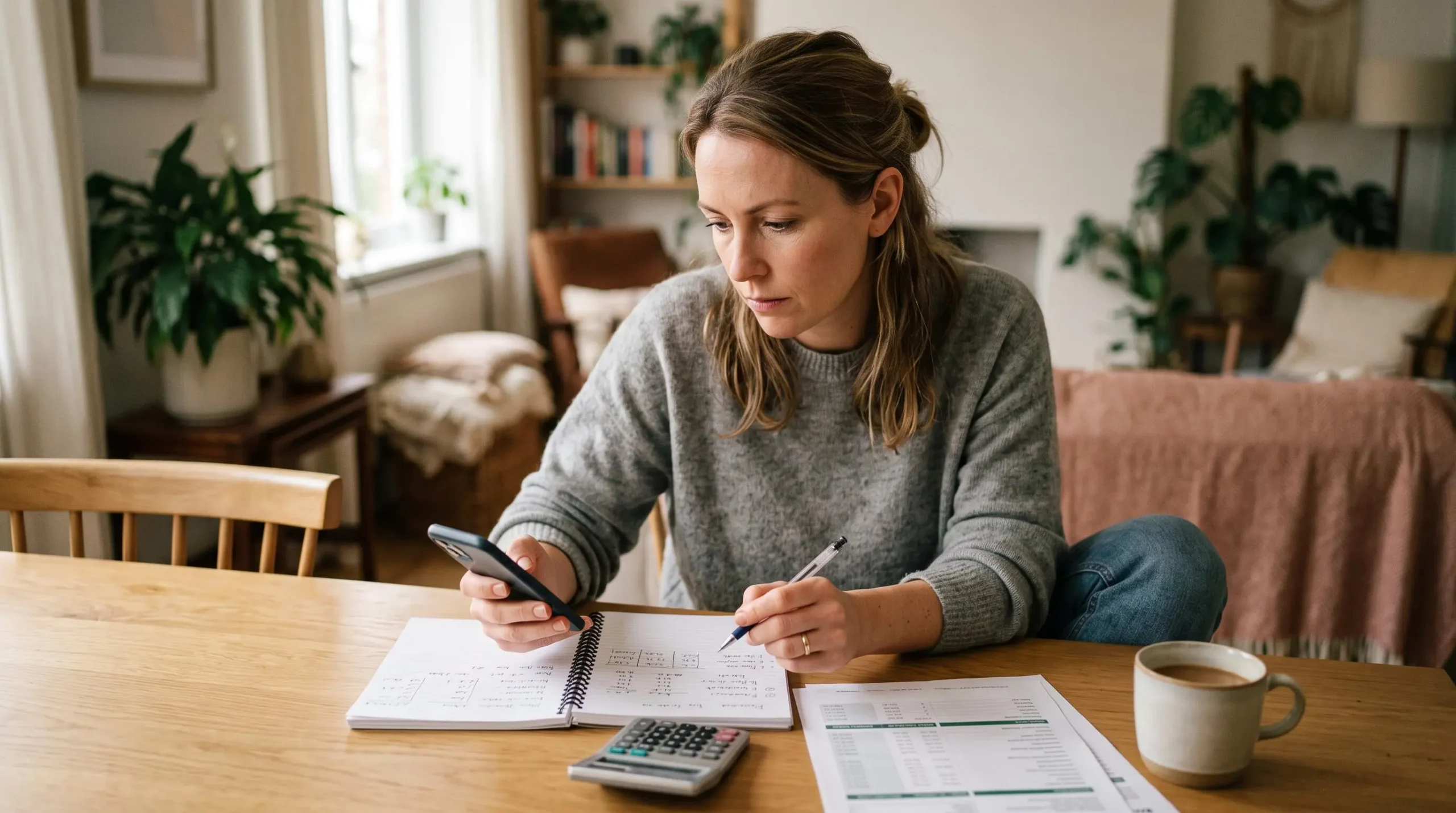 Une personne consulte son application bancaire mobile sur smartphone tout en prenant des notes pour gérer le remboursement de son crédit dans un cadre domestique organisé.