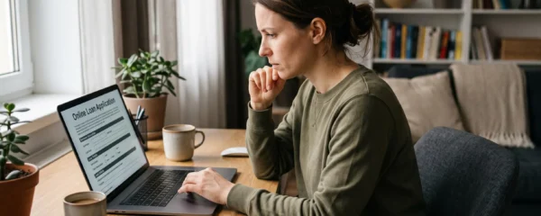 Une personne consulte attentivement un formulaire de demande de crédit en ligne sur son ordinateur portable dans un environnement domestique calme et organisé.