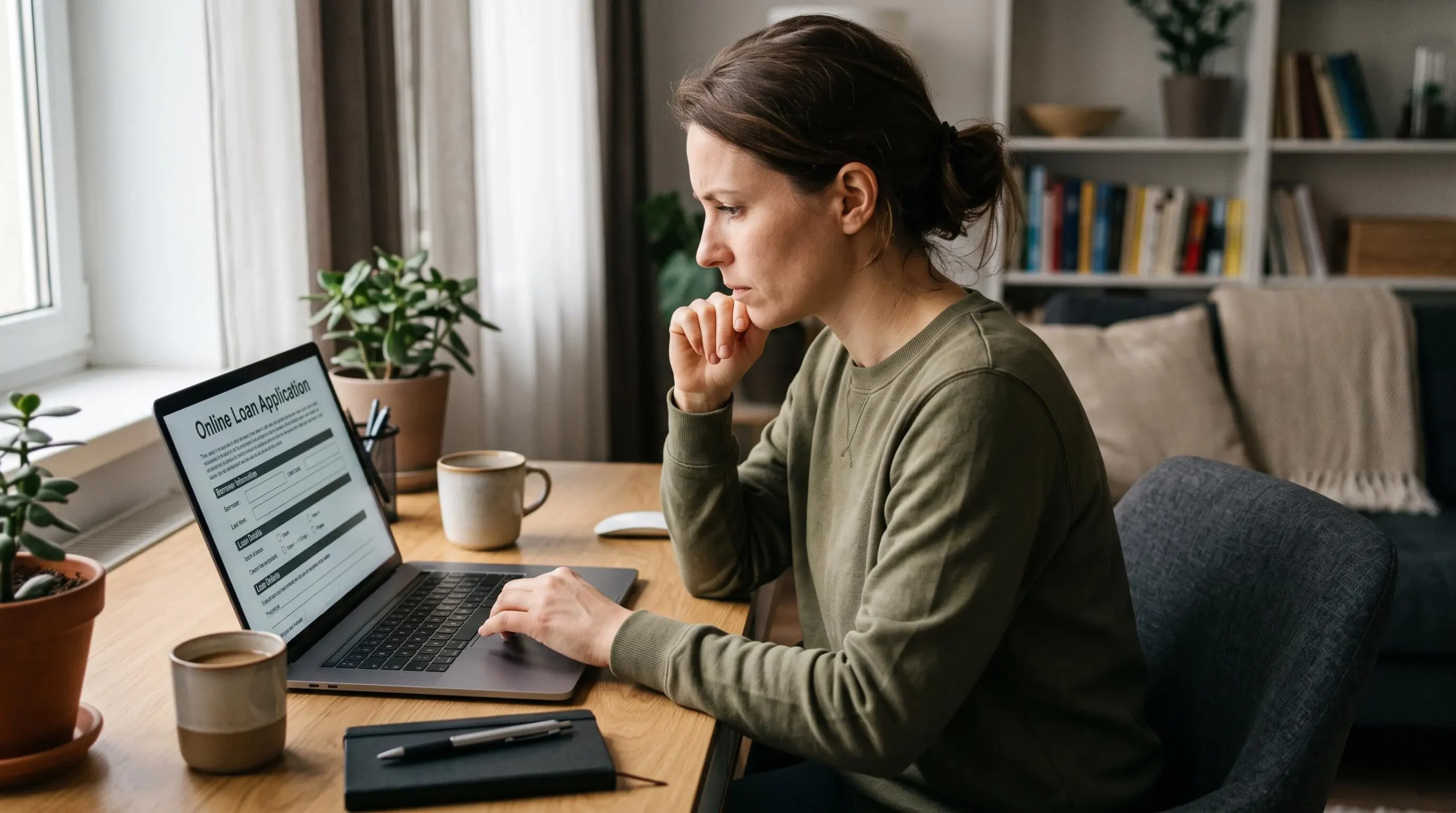 Une personne consulte attentivement un formulaire de demande de crédit en ligne sur son ordinateur portable dans un environnement domestique calme et organisé.